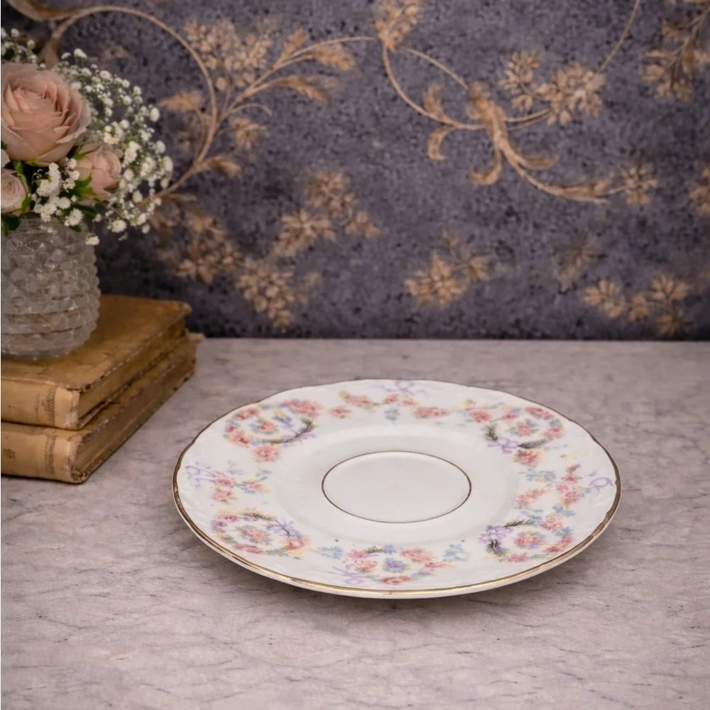 Antique Haviland Style Limoges Floral Saucers Gold Trim Set 2